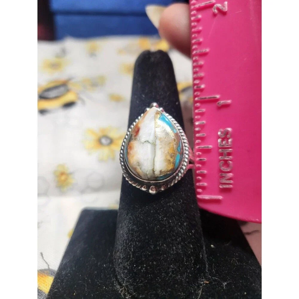 Sterling Silver Spiny Oyster Copper Turquoise Teardrop Ring